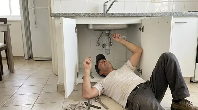 Plomero trabajando en la conexión de la pileta de cocina, bajo la mesada
