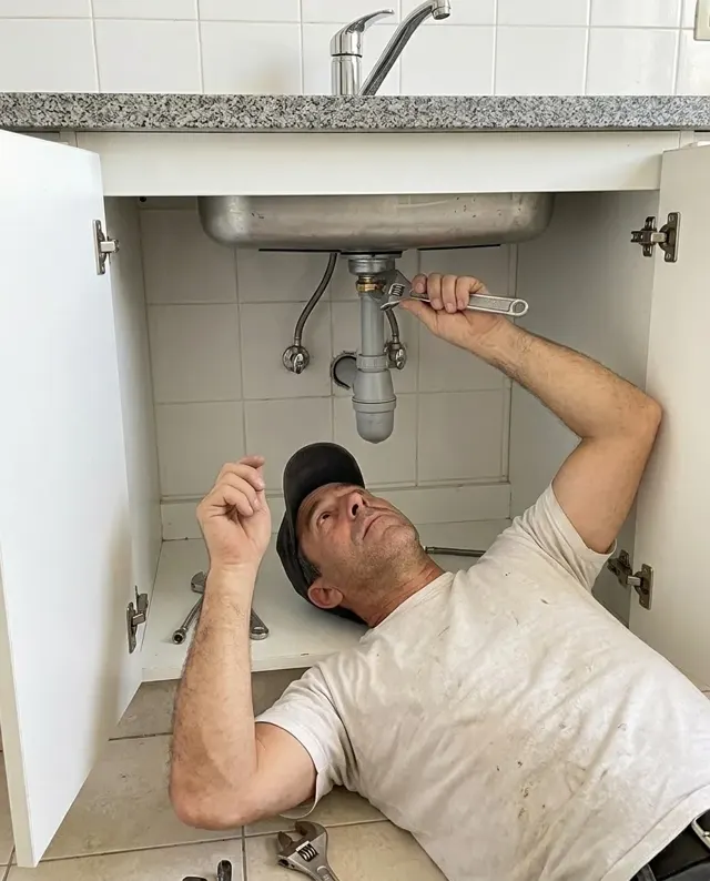 Plomero trabajando en la conexión de la pileta de cocina, bajo la mesada