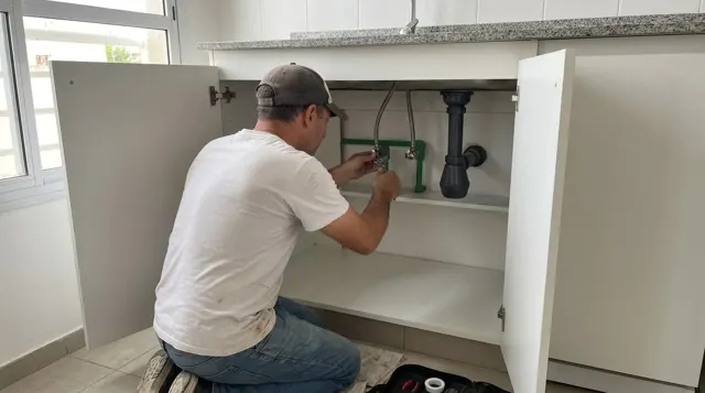 Plomero conectando cañerías de termofusión bajo la mesada de la cocina