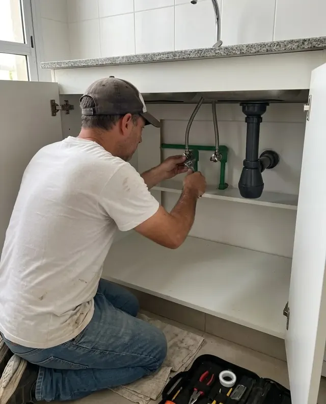 Plomero conectando cañerías de termofusión bajo la mesada de la cocina